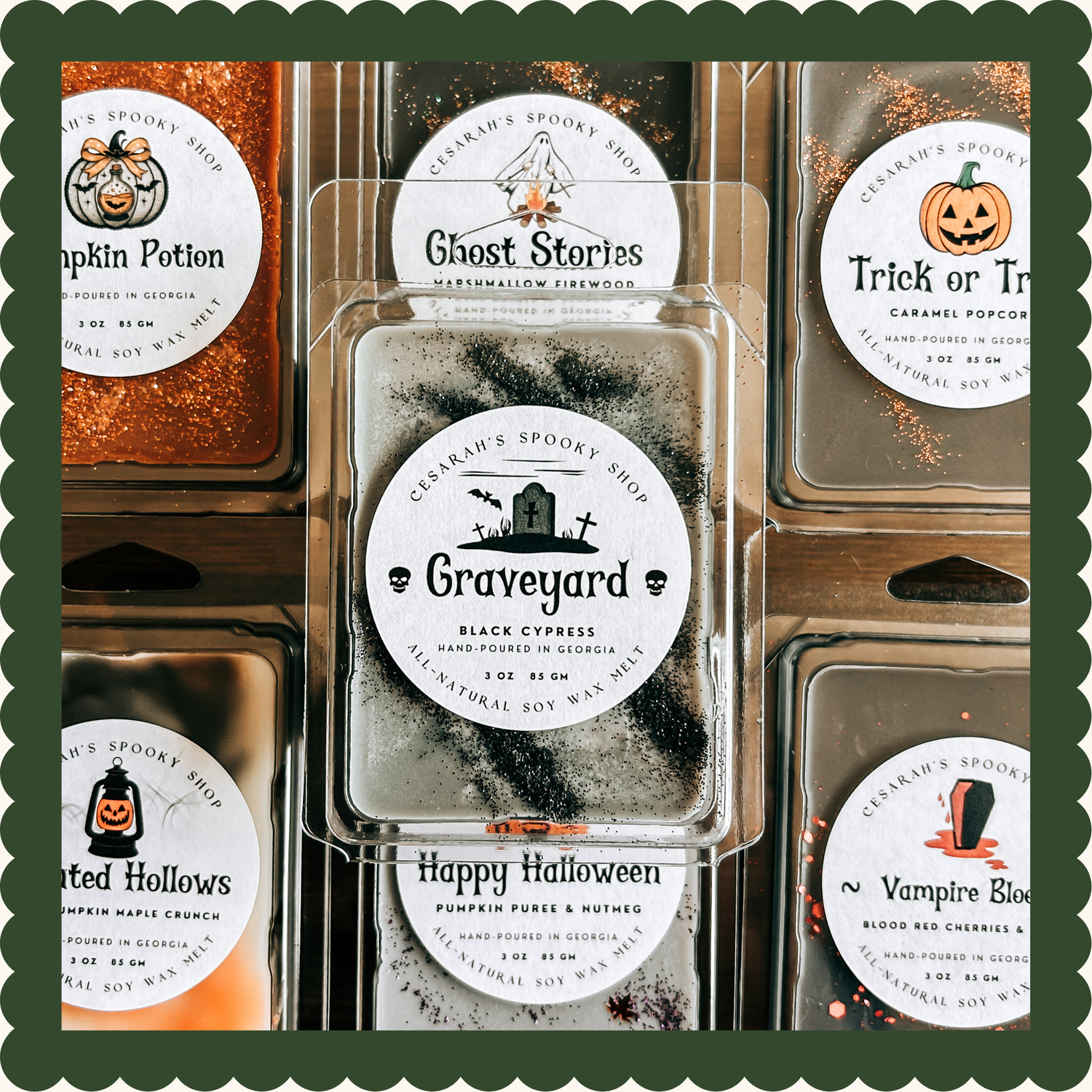Spooky Wax Melts for Halloween with Graveyard, Ghost Stories, Trick or Treat, Haunted Hollows, and Vampire Blood.