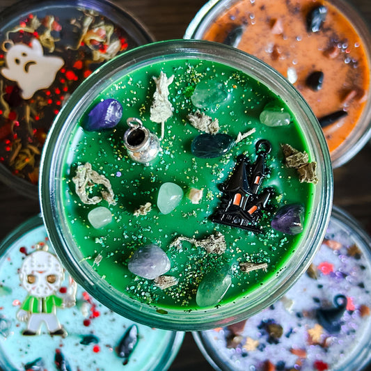 Spooky Halloween candle with witches' brew design, green wax, and flickering flame, perfect for fall decor and haunted house ambiance.