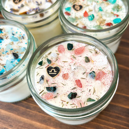 Libra Zodiac Intention Candles with crystals, herbs, glitter, and a zodiac design.