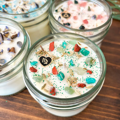 Virgo Zodiac Intention Candles with crystals, herbs, glitter, and a zodiac design.