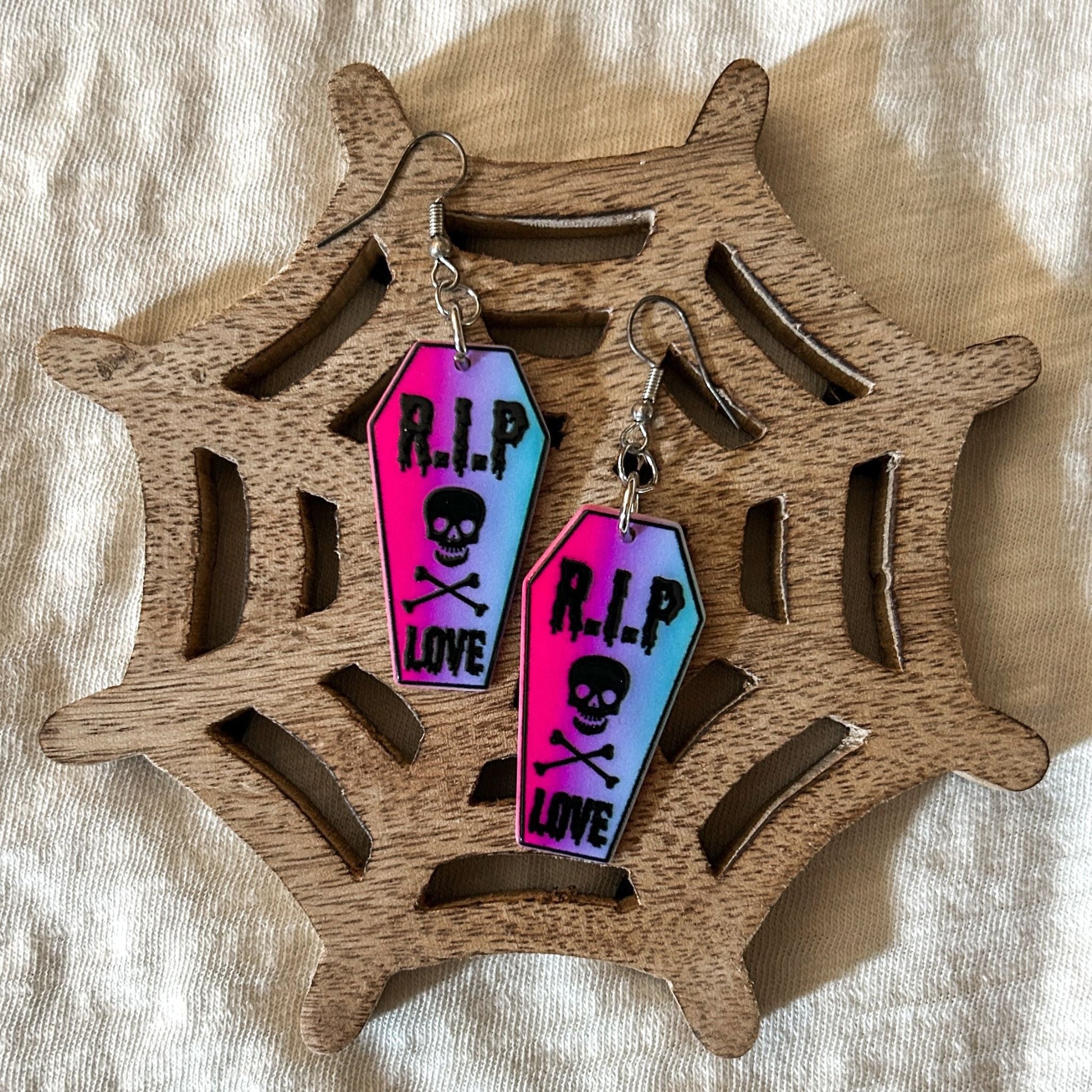 Pink & Blue RIP Coffin Earrings Cesarah's Spooky Shop
