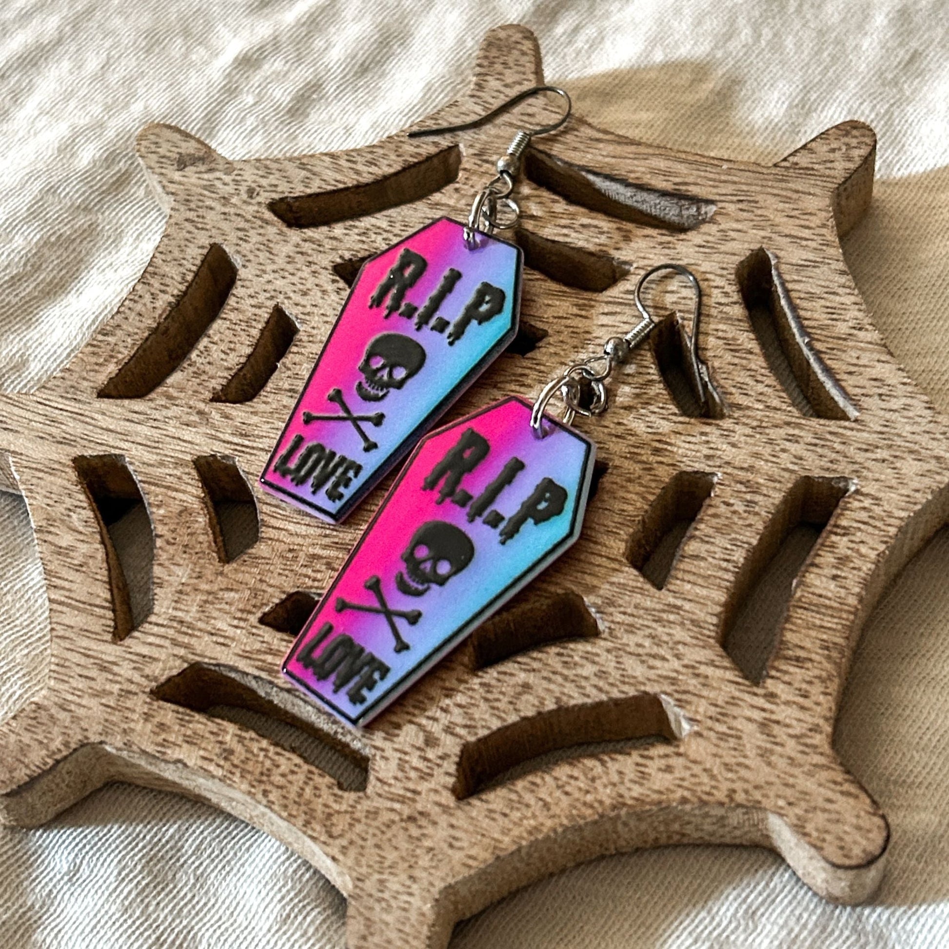 Pink & Blue RIP Coffin Earrings Cesarah's Spooky Shop