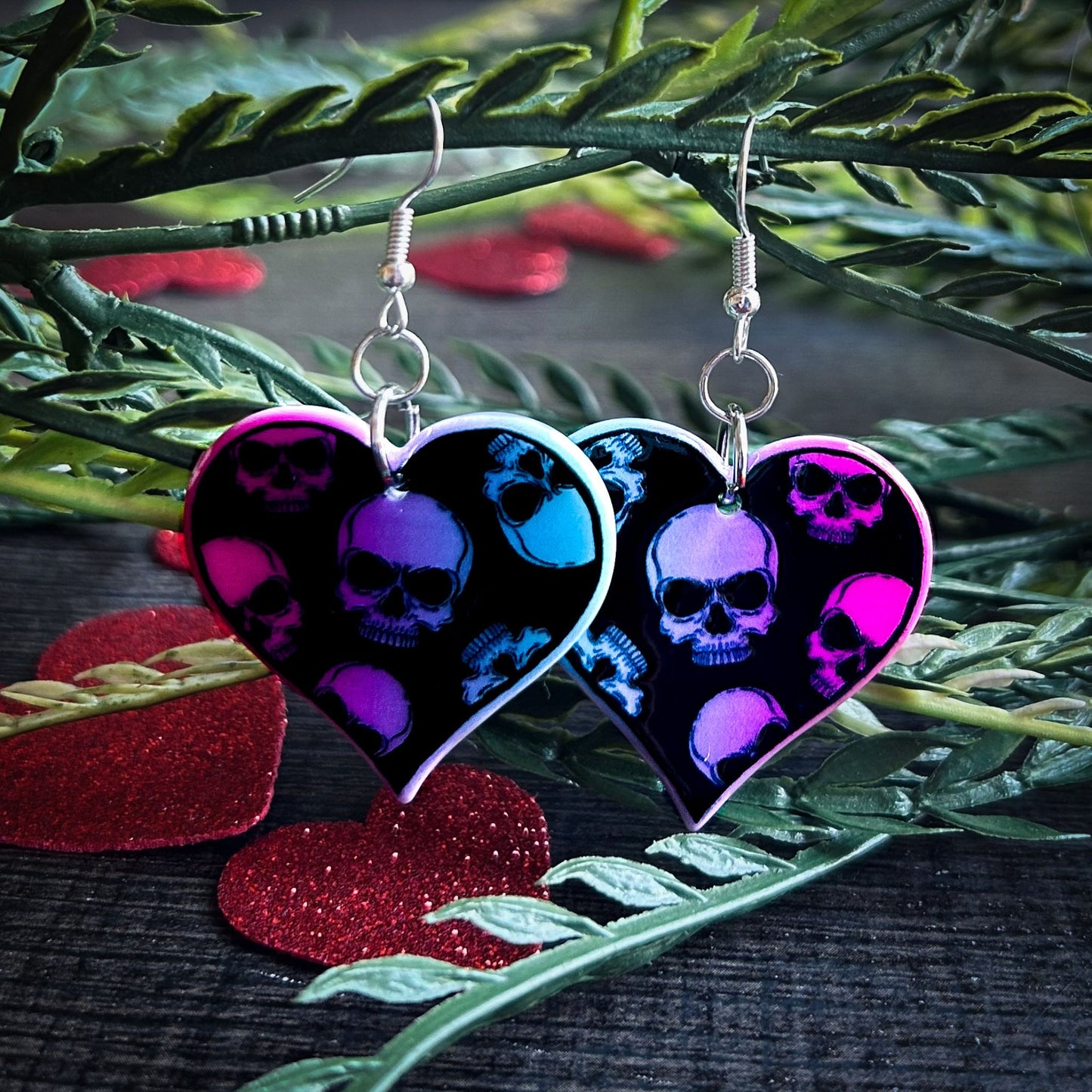 Valloween Heart with Skulls Earrings Cesarah's Spooky Shop