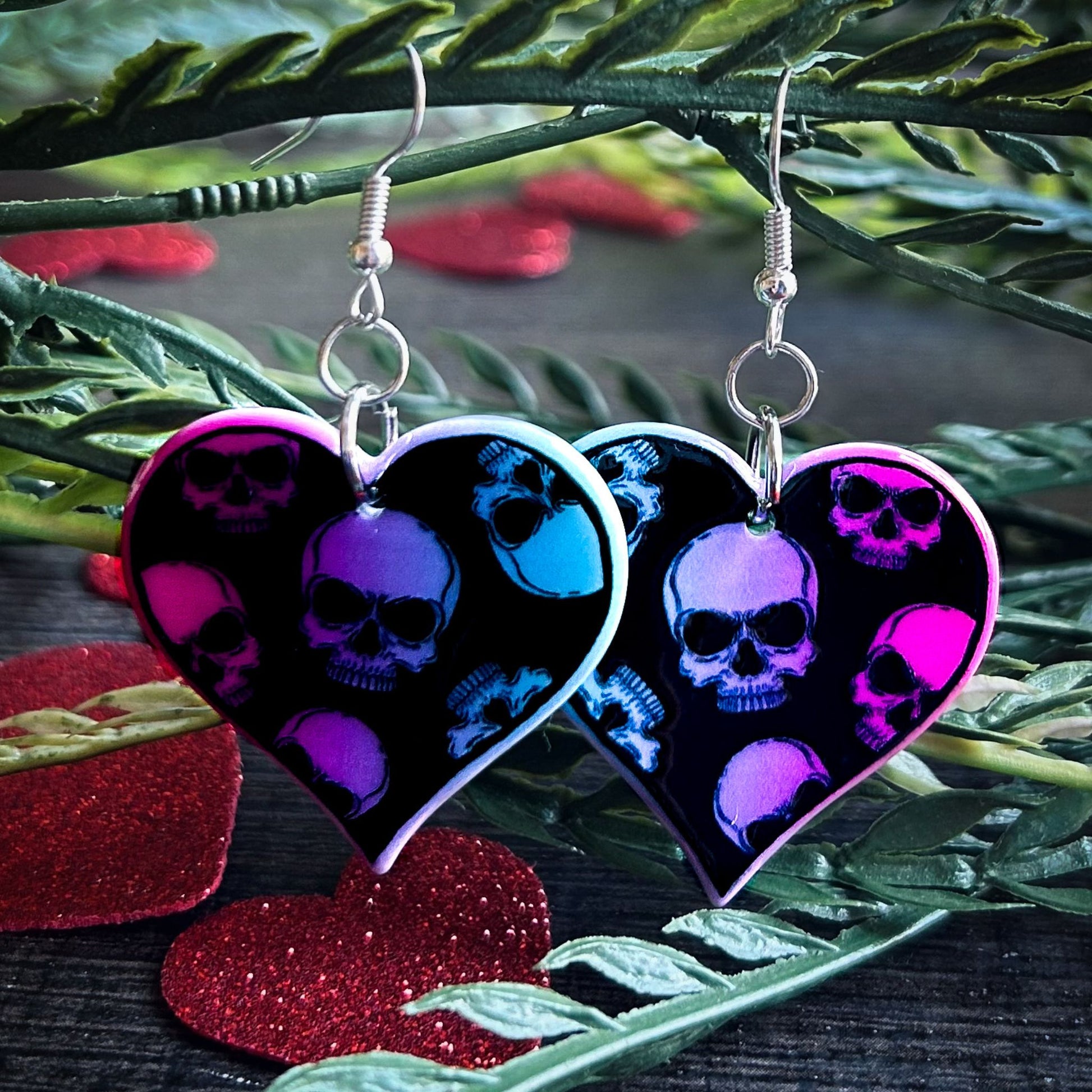 Valloween Heart with Skulls Earrings Cesarah's Spooky Shop